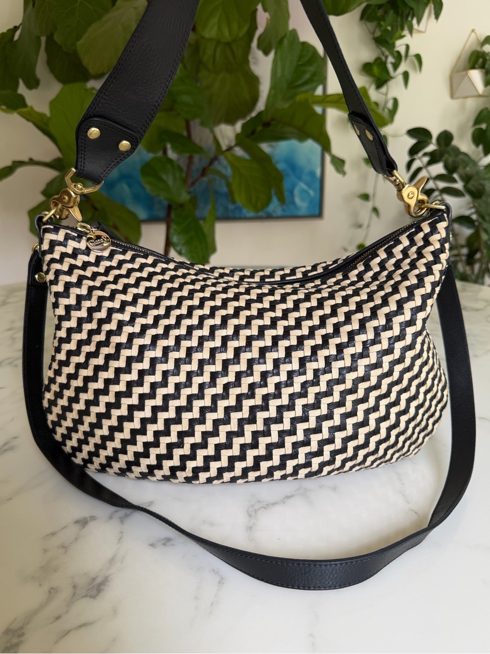 Clare V. Moyen Messenger Bag Black & Cream Woven Zig Zag Leather Crossbody